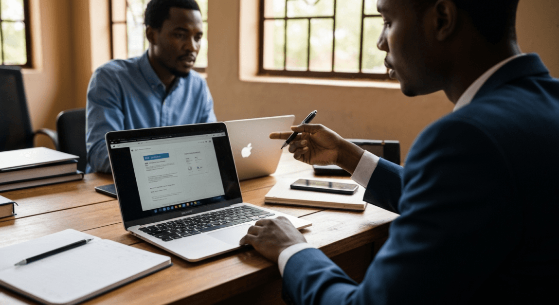 Business professionals in Botswana office discussing secure payment systems on a laptop