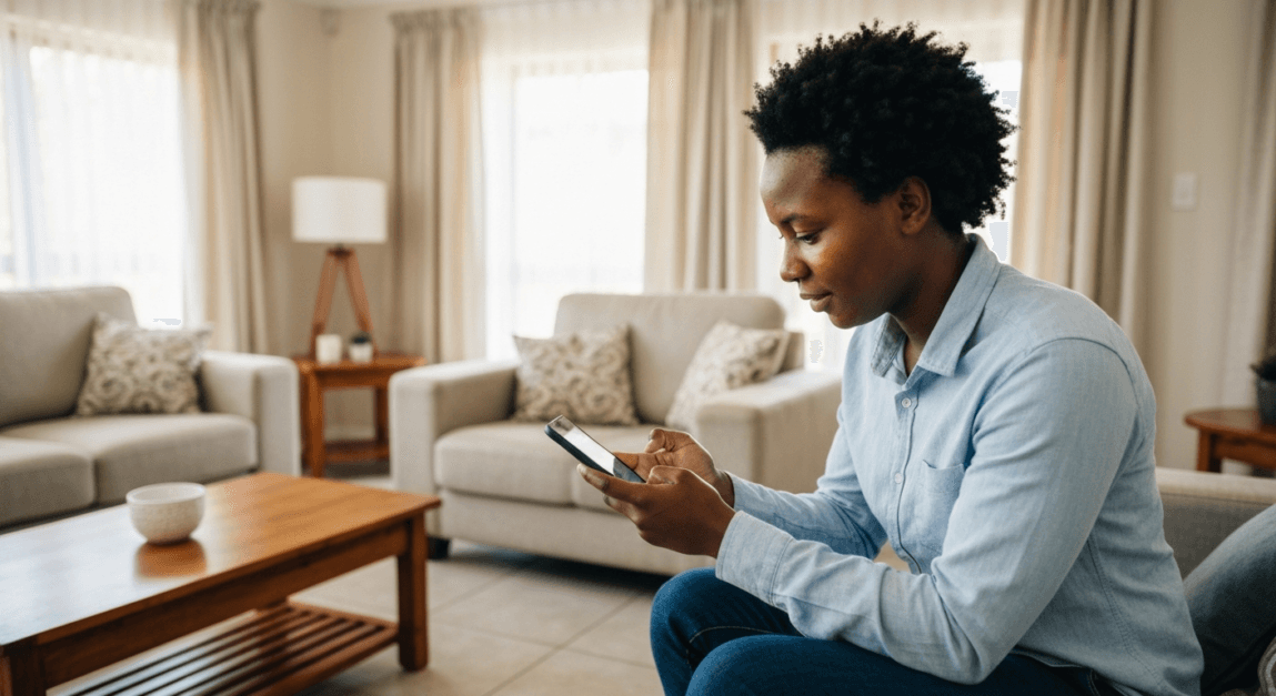 Entrepreneur in Botswana making a payment using mobile money on a smartphone