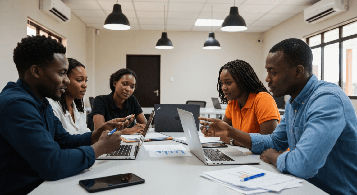 Team of entrepreneurs in Botswana office discussing payment gateway selection