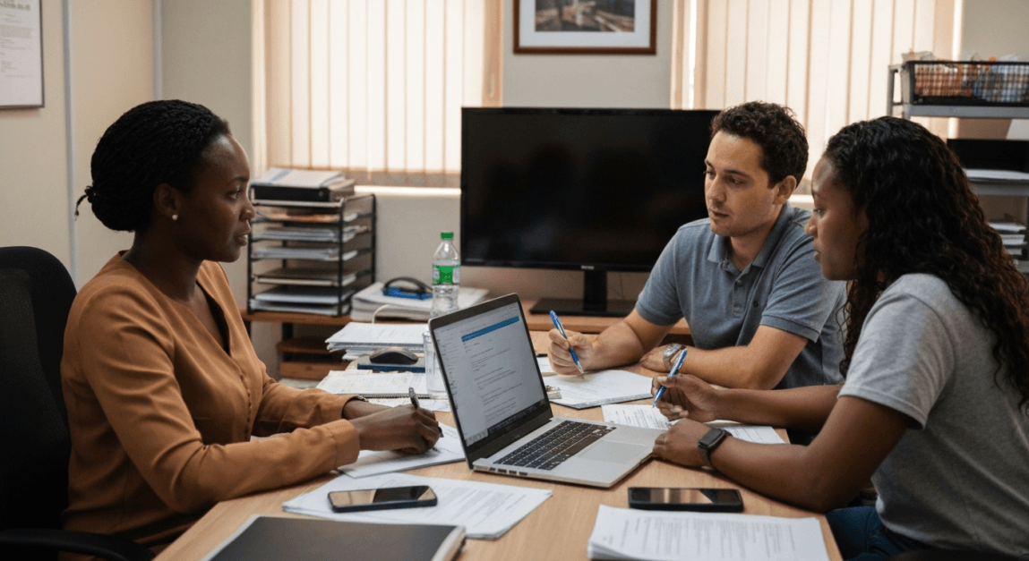 Team analyzing customer behavior in Botswana office.