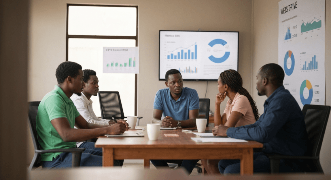 Botswana team discussing CPC and RPM metrics implications for AdSense revenue in a small office.