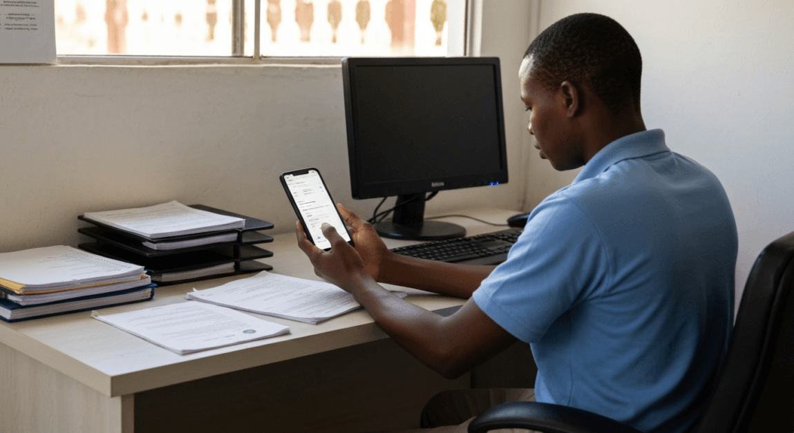 Person in Botswana reviewing AdSense earnings withdrawal process on their phone in a small office.