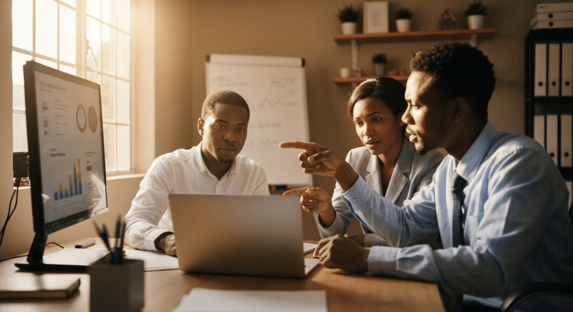 Botswana business team analyzing SEO strategy at home office