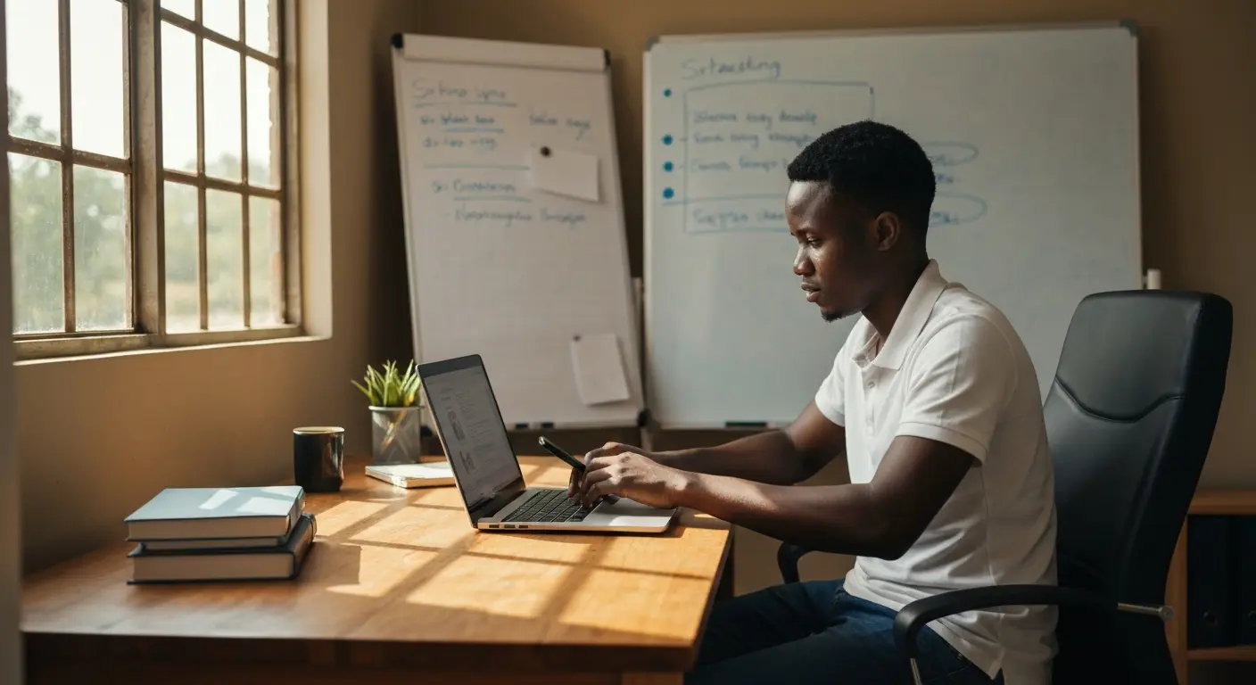 Botswana entrepreneur optimizing Google My Business profile in a small local office.