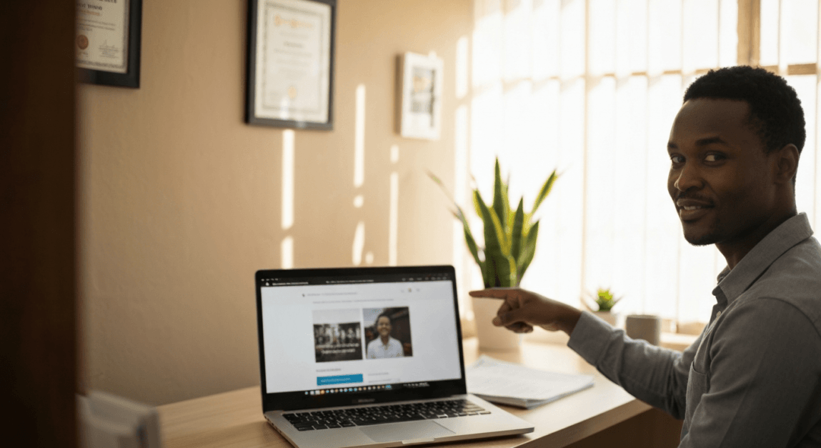 Gaborone business owner displaying new website for credibility