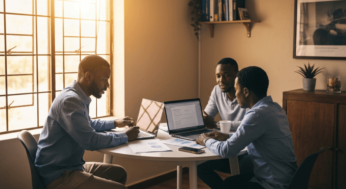 Botswana business partners in a collaborative meeting discussing backlink strategies