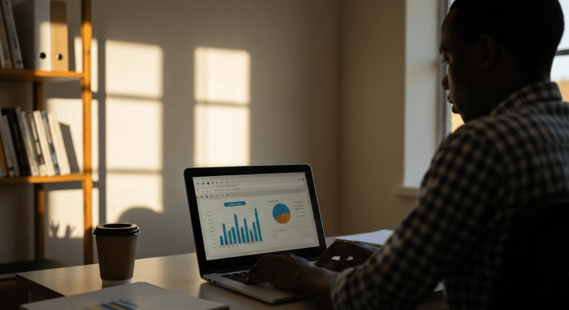 Individual analyzing SEO performance data on a laptop in Botswana workspace