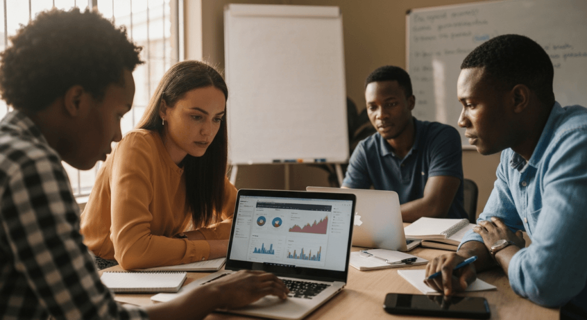 Small Botswana team analyzing video performance metrics in an office setting.