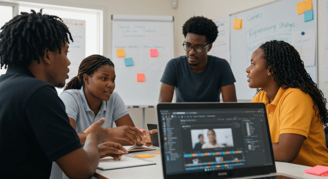 Botswana business team brainstorming ways to repurpose video content in an office.