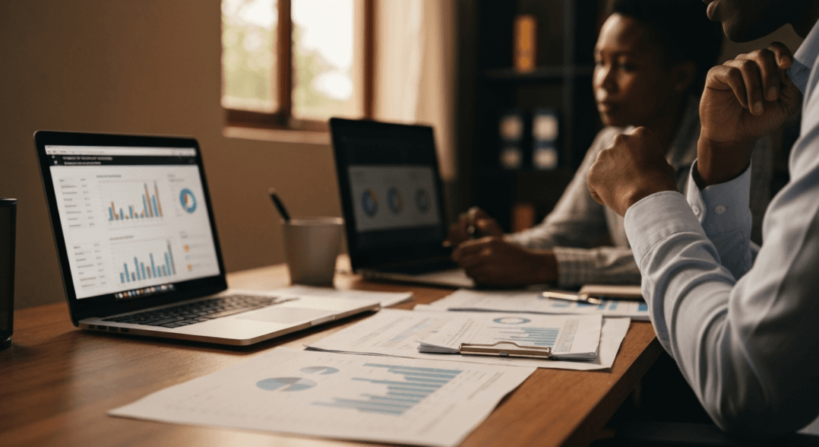 Botswana analysts reviewing CPA conversion tracking data in an office.