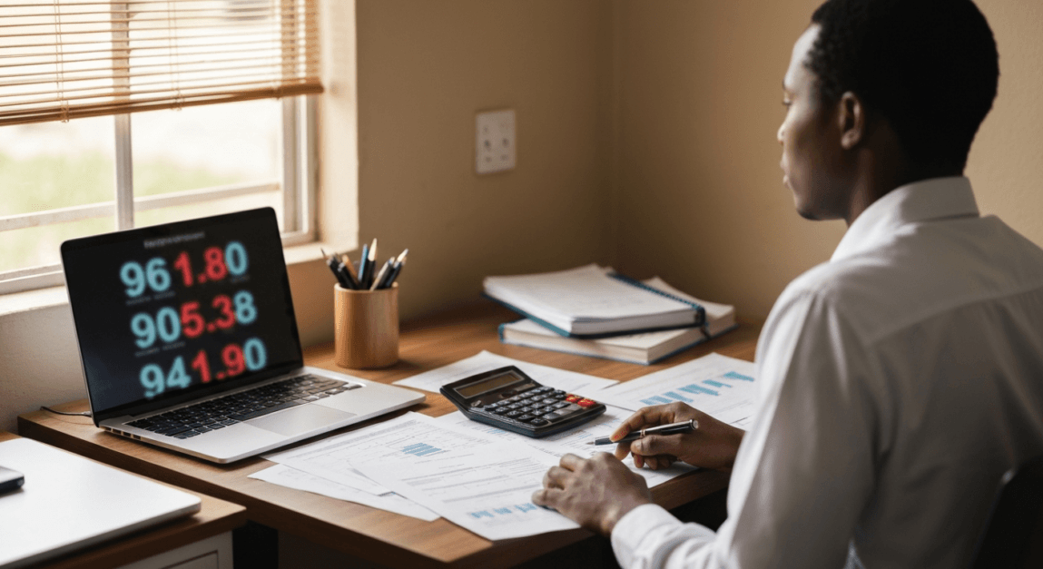 Finance manager in Botswana planning digital marketing budget in a local office.