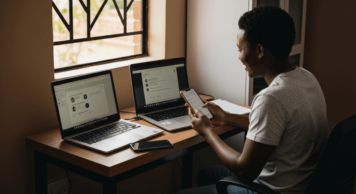 A Botswana SME owner engaging with their audience via social media, reflecting genuine interaction.