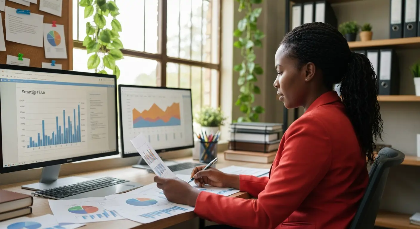 Botswana businesswoman analyzing growth through digital marketing strategies in a home office.