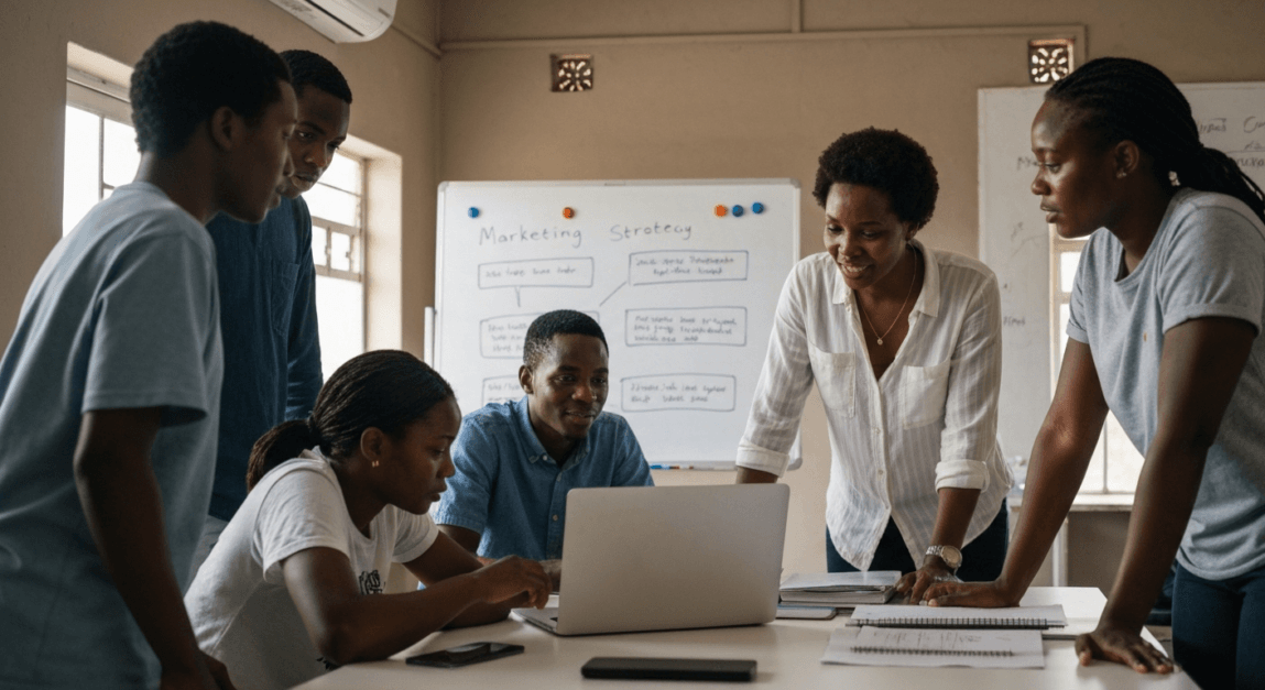 A Botswana team discussing local insights for their social media strategy, fostering engagement.