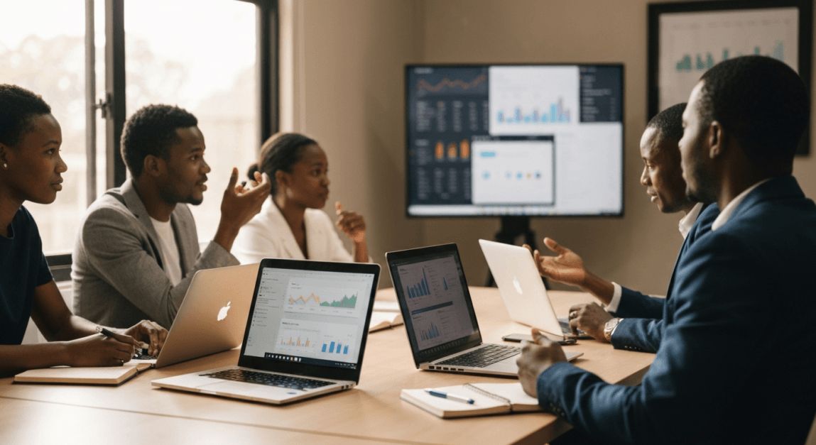 SEO strategy session in Botswana office discussing local keyword optimization.