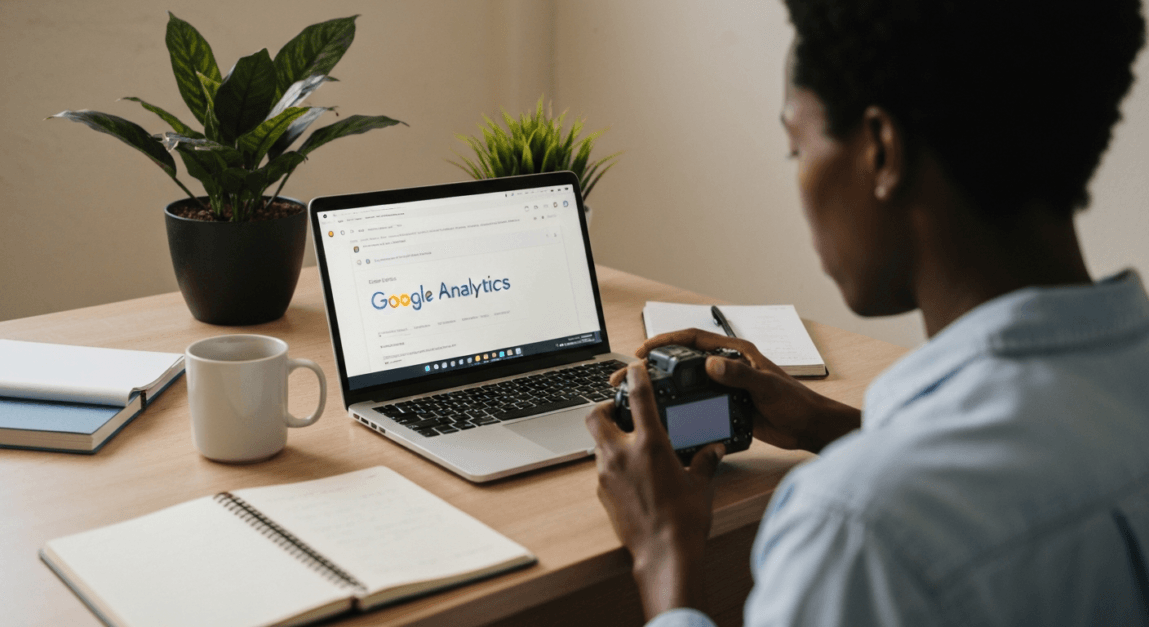 Business owner in Botswana evaluating Google Analytics data for content strategies.