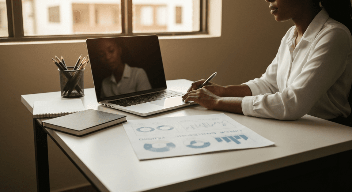 Businesswoman in Botswana office working on digital marketing strategy.