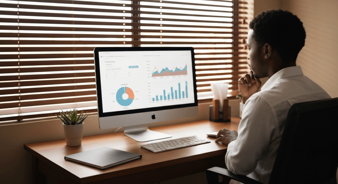 Businessperson using a computer to explore digital marketing analytics tools.