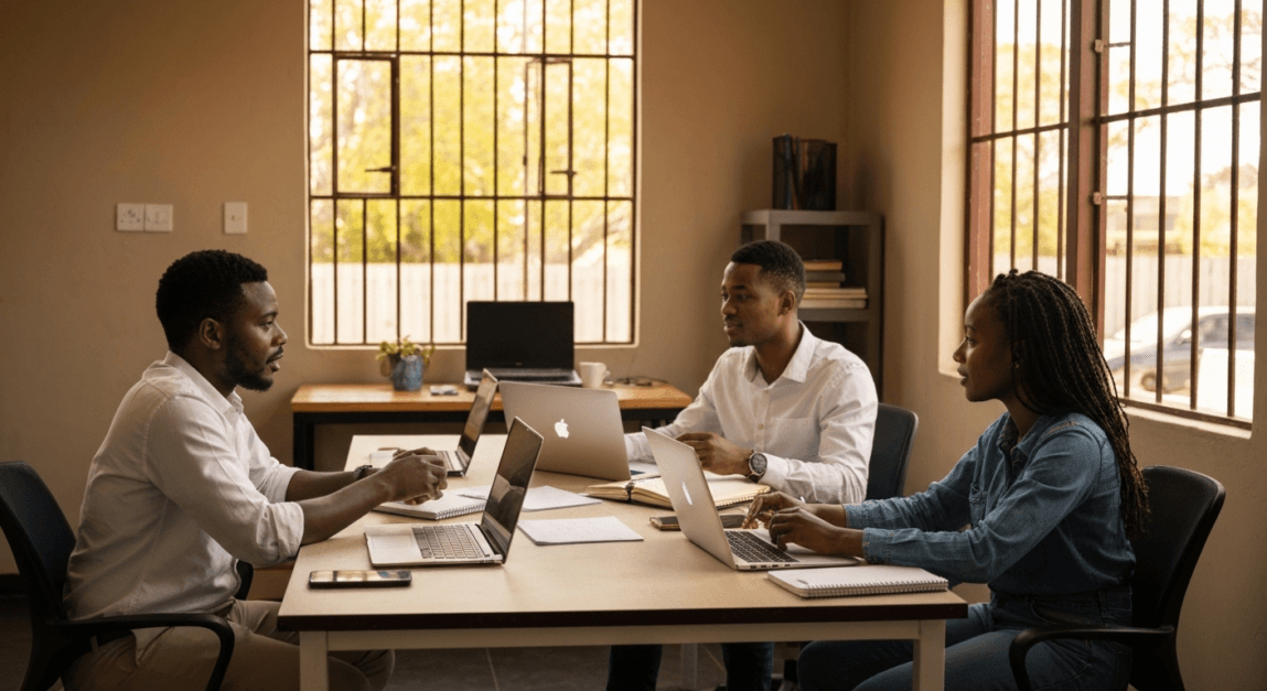 Professionals in Botswana collaborating on digital marketing projects.