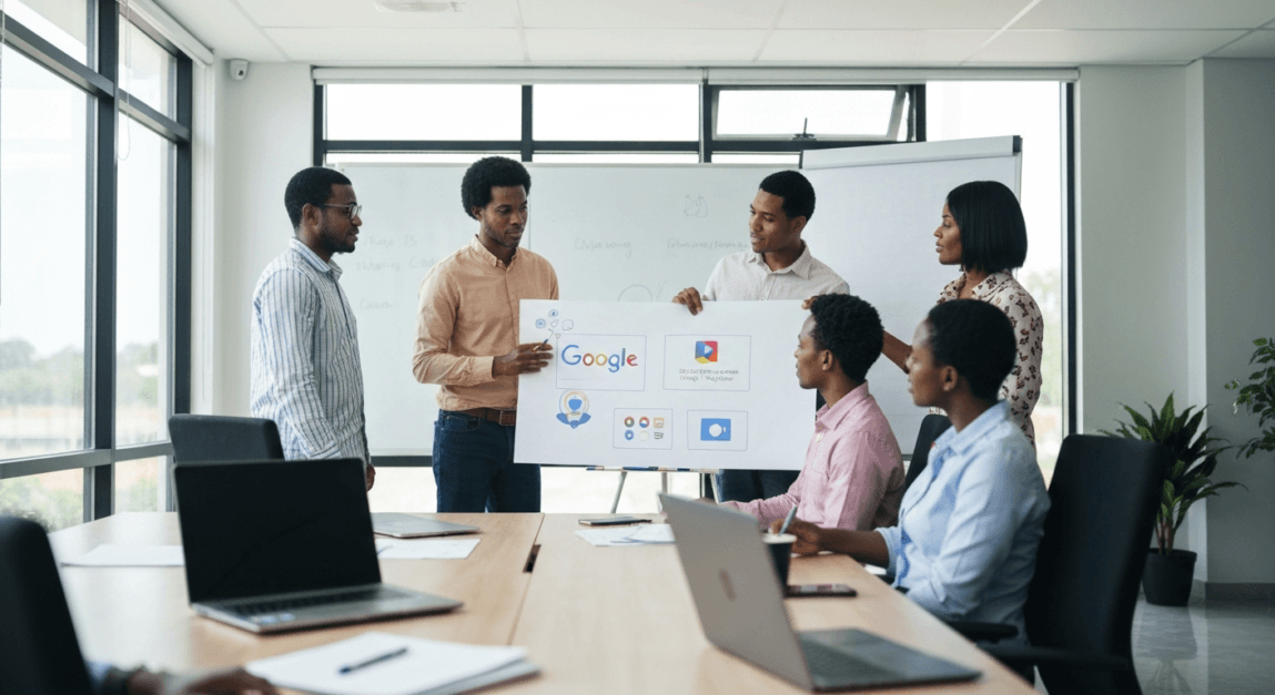 SME marketers in a Botswana office discuss Google Ads platforms during a strategy session.