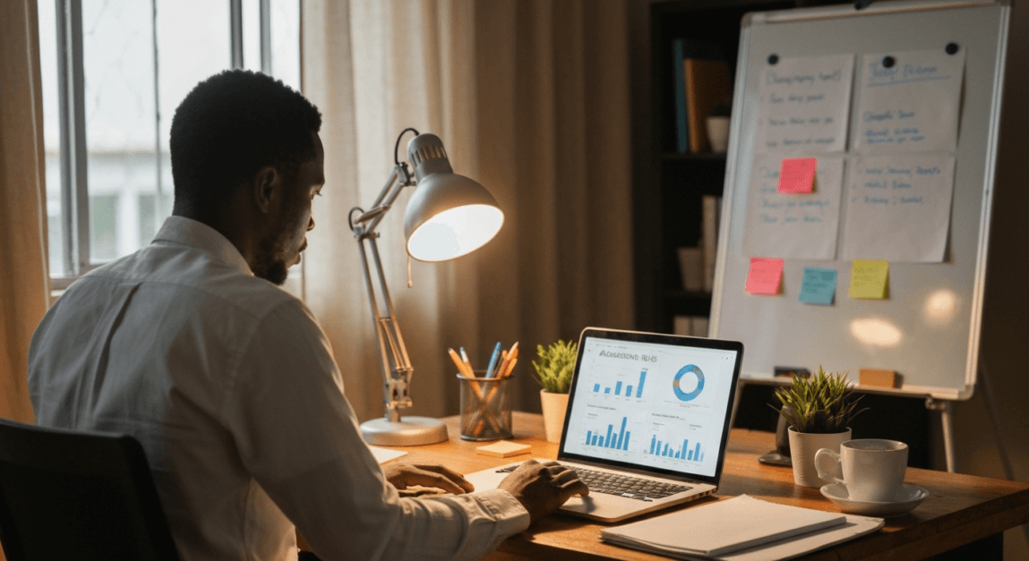 Botswana entrepreneur calculates Google Ads bidding strategy in a home office.