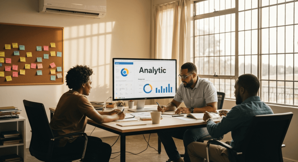 A Botswana SME team analyzes retargeting ad performance in their local office.