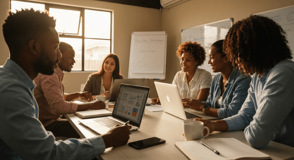 Botswana SME team discussing website development strategy for WordPress vs custom builds