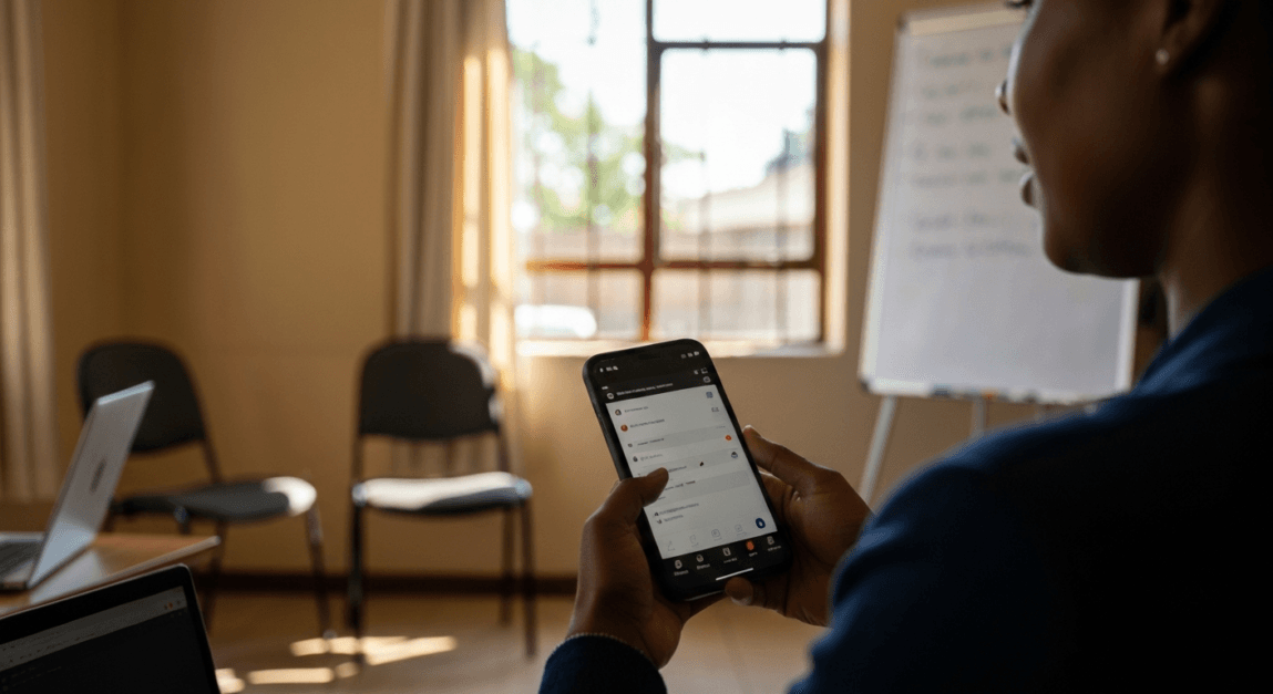 A person using a smartphone for business communication via WhatsApp Broadcast, surrounded by laptops and a whiteboard in a real Botswana office setting.