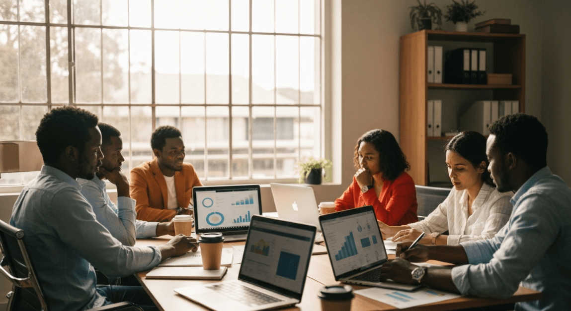 Team discussing keyword research strategies in Botswana office
