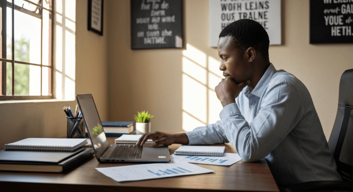 Botswana small business owner analyzing budget and ROI for digital marketing strategies