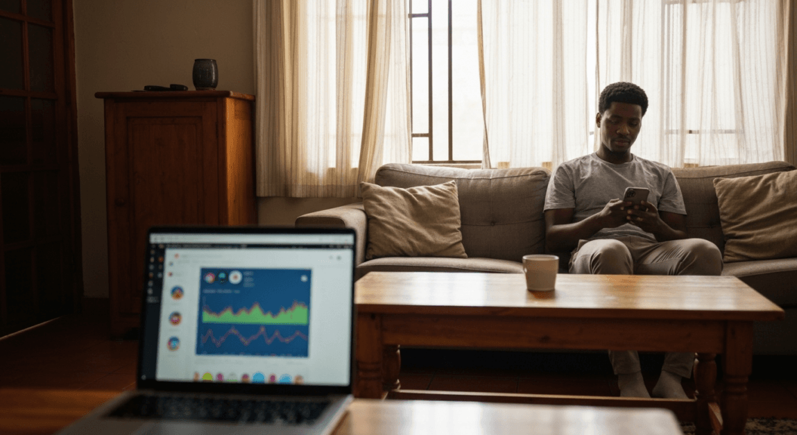 Micro-influencer in Botswana engaging with social media analytics on a laptop in a living room setting