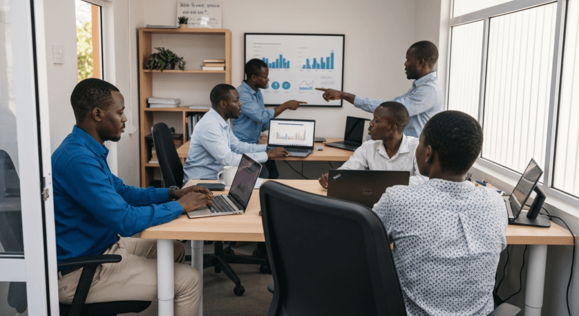 Botswana business team conducting competitor analysis in an office setting