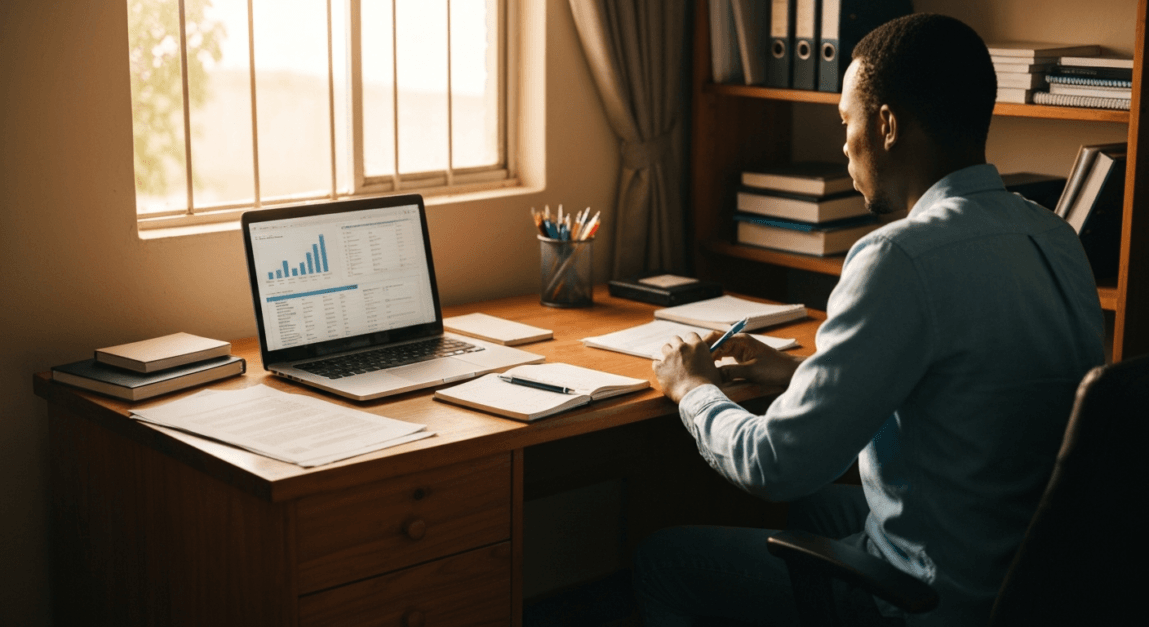 Young entrepreneur using a laptop in a Botswana home office to review digital business strategies.