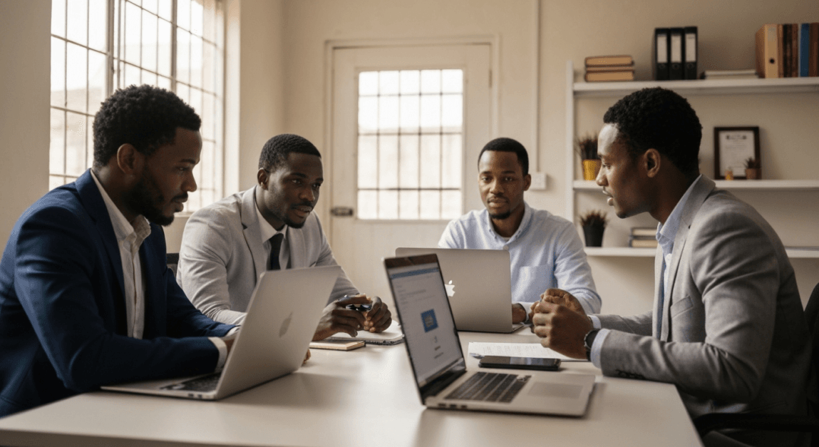 Business team in Botswana office discussing e-commerce platforms for dropshipping.