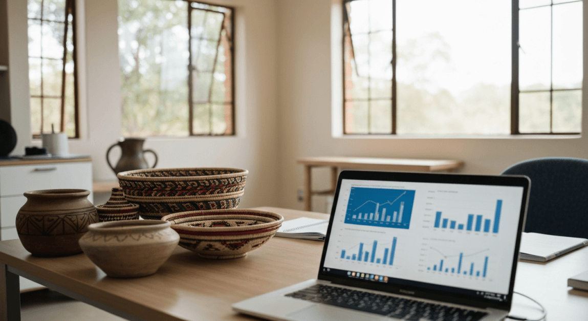 Table with Botswana artisanal crafts and a laptop analyzing shipping logistics.