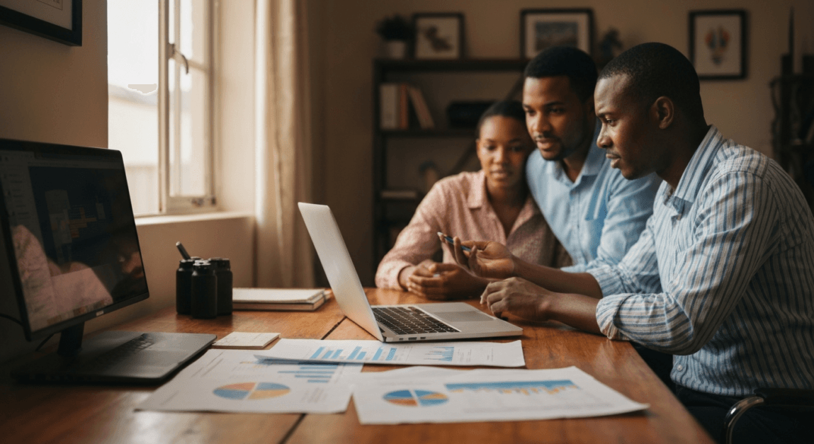 Botswana professionals discussing digital marketing plans in a local office, warm sunlight