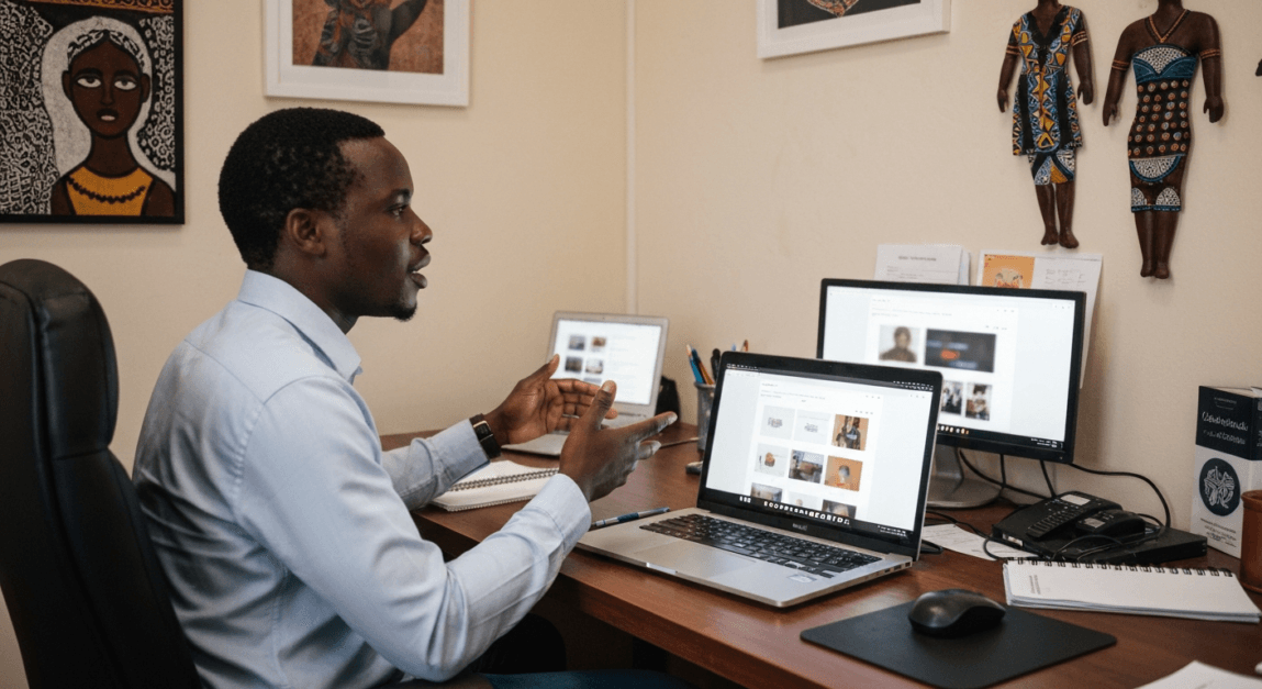 Professional discussing local website design with cultural decor in Botswana