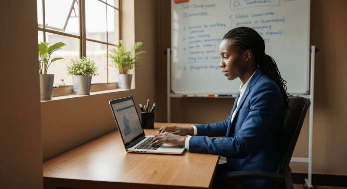 Botswana professional analyzing digital data to find suitable influencers in a home office setting