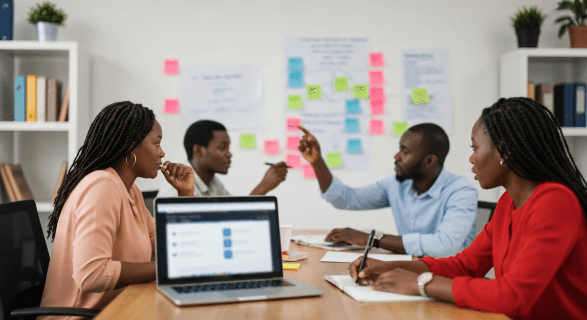 Marketing team in Botswana brainstorming on target audience and channels.
