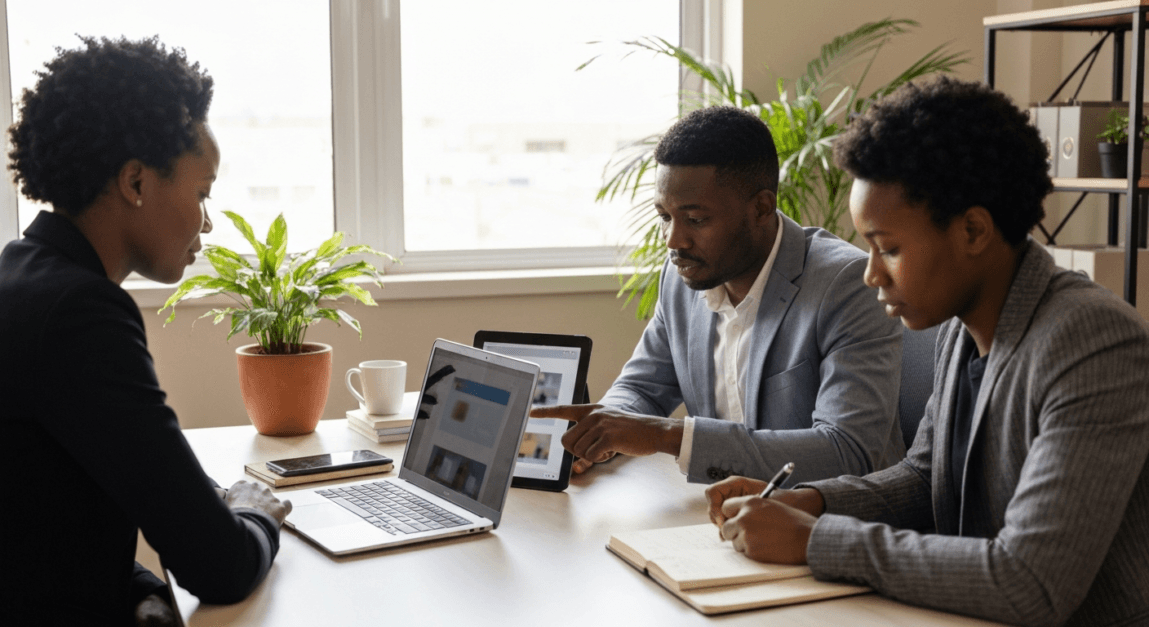 Botswana SME team reviewing mobile web designs on tablets and laptops in an office setting.