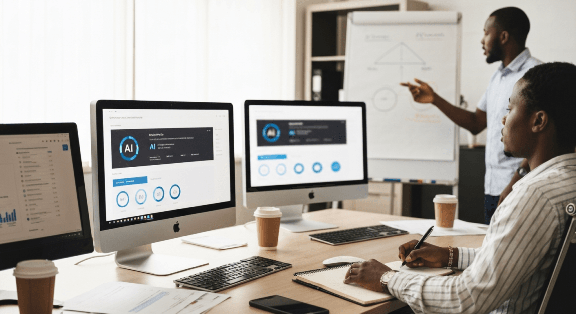 Botswana professionals using AI tools in ecommerce with computers and a whiteboard.