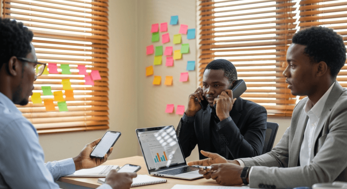 Botswana business team integrating digital and in-store experiences with smartphones and laptops.