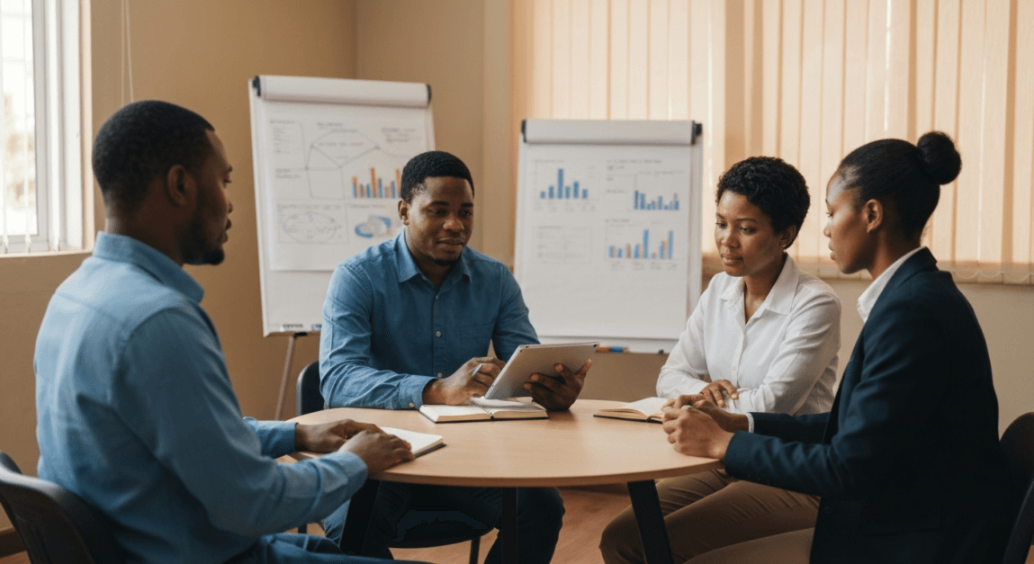 SME executives in Botswana discussing budget strategies for an influencer campaign around a table