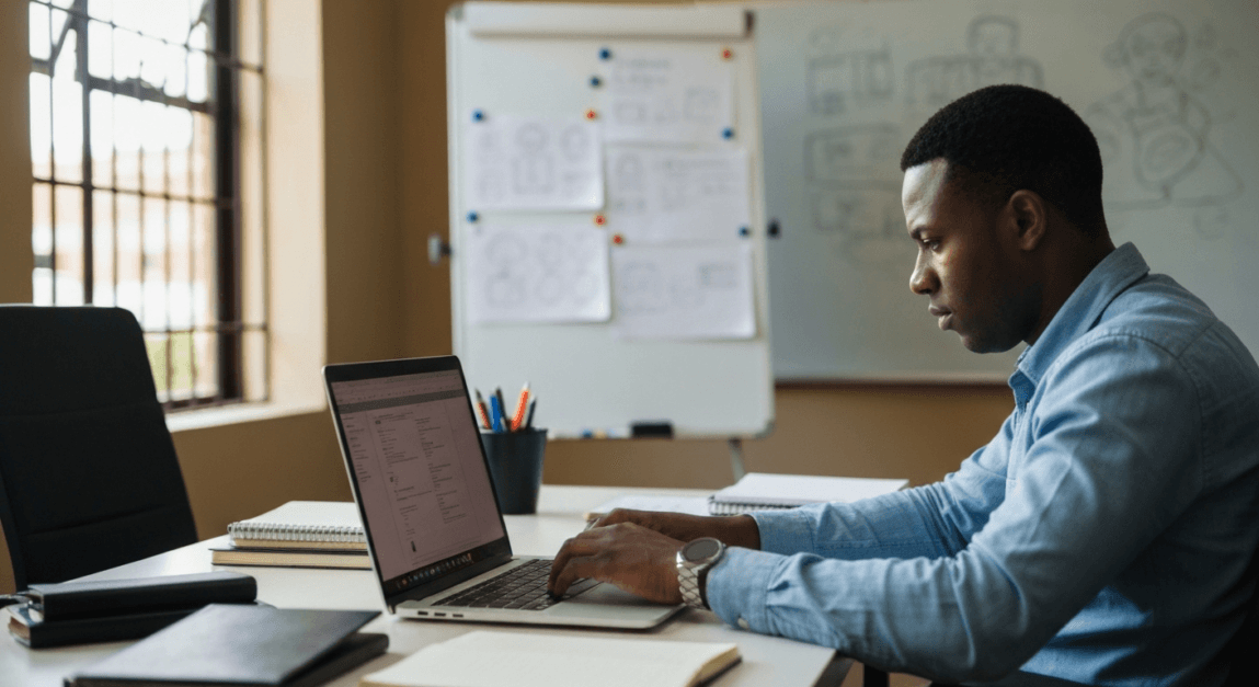 Web designer in Botswana using Figma on a laptop in a small office