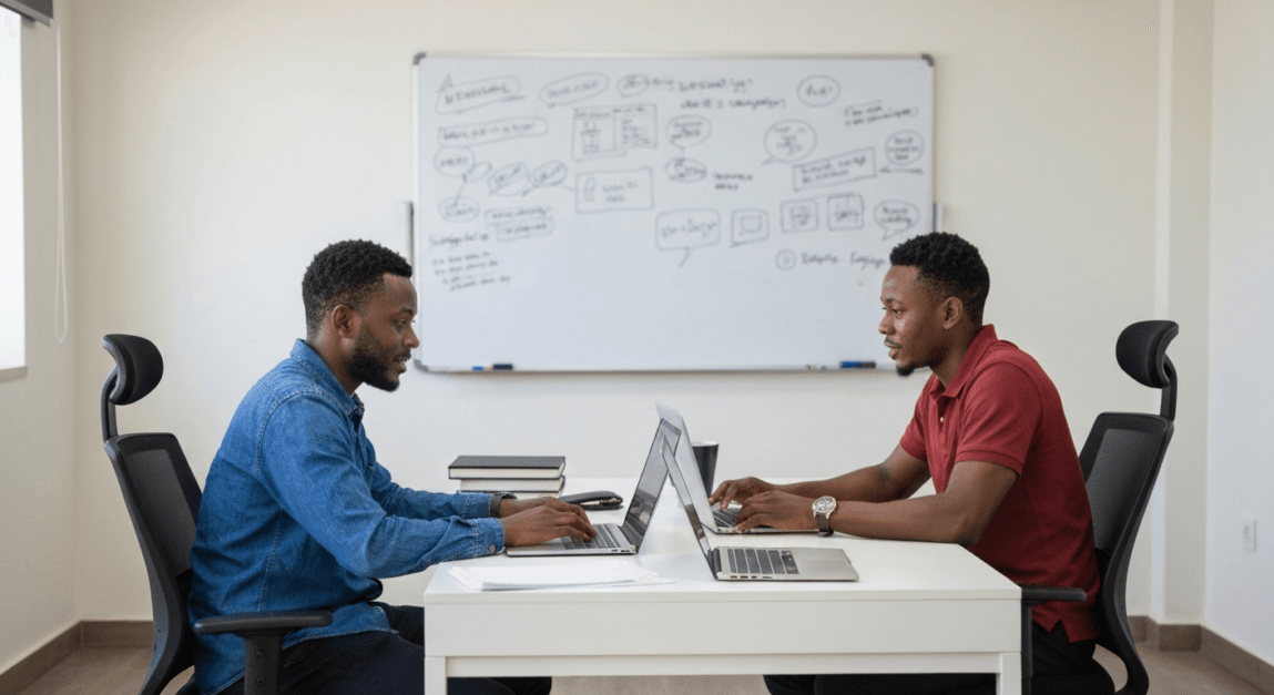 Botswana SME team of web designers and developers collaborating in small office