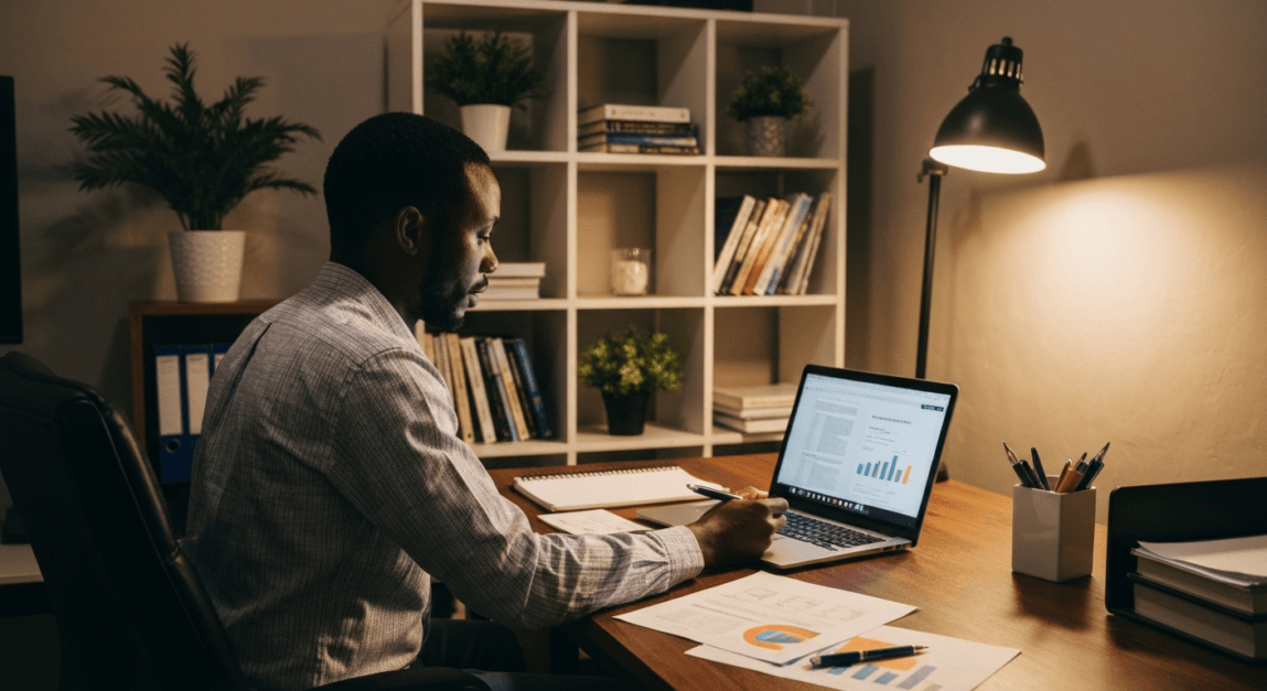 Botswana SME manager evaluating web project needs in a private workspace