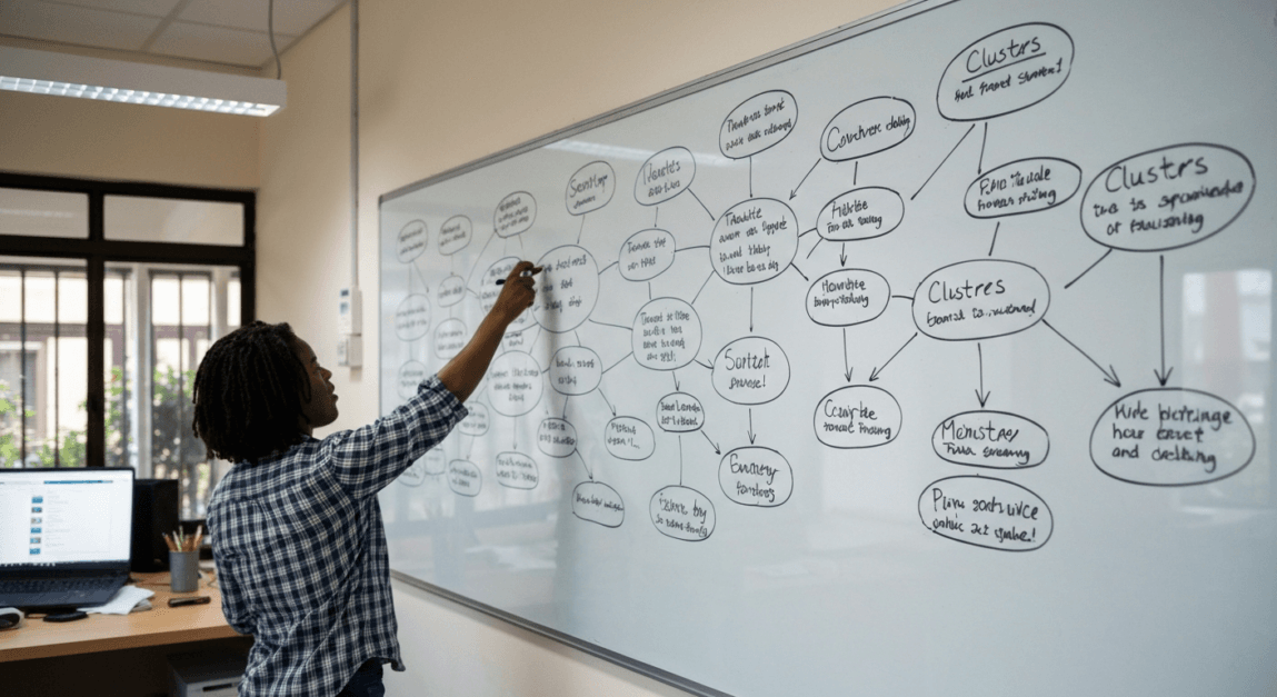 Whiteboard with topic clusters and interconnected diagrams in a Botswana office.