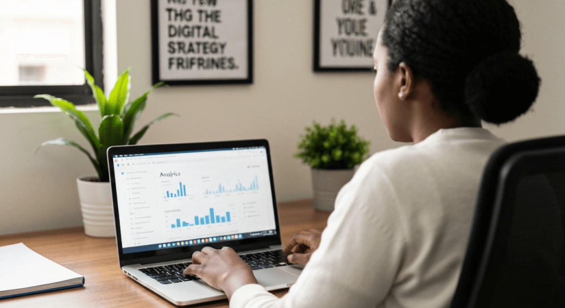 Person reviewing analytics data on a laptop in a Botswana office setting.