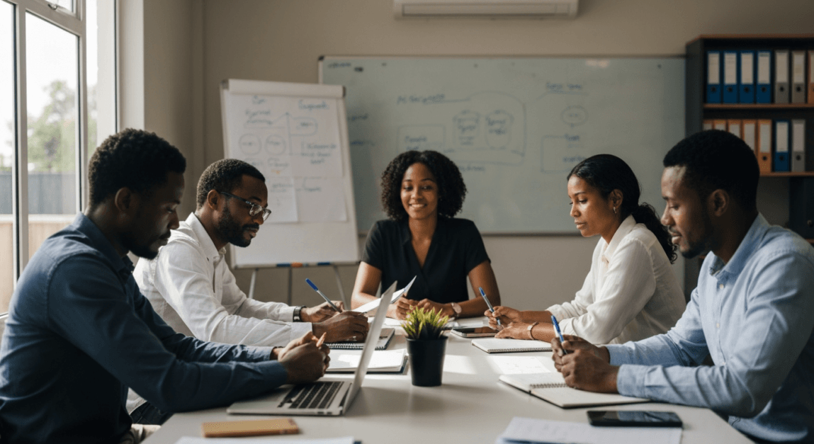 Business team in Botswana office defining their unique brand voice as a strategy foundation