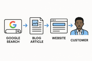 SEO traffic flow showing how to advertise your business online for free in Botswana using search, content, and website
